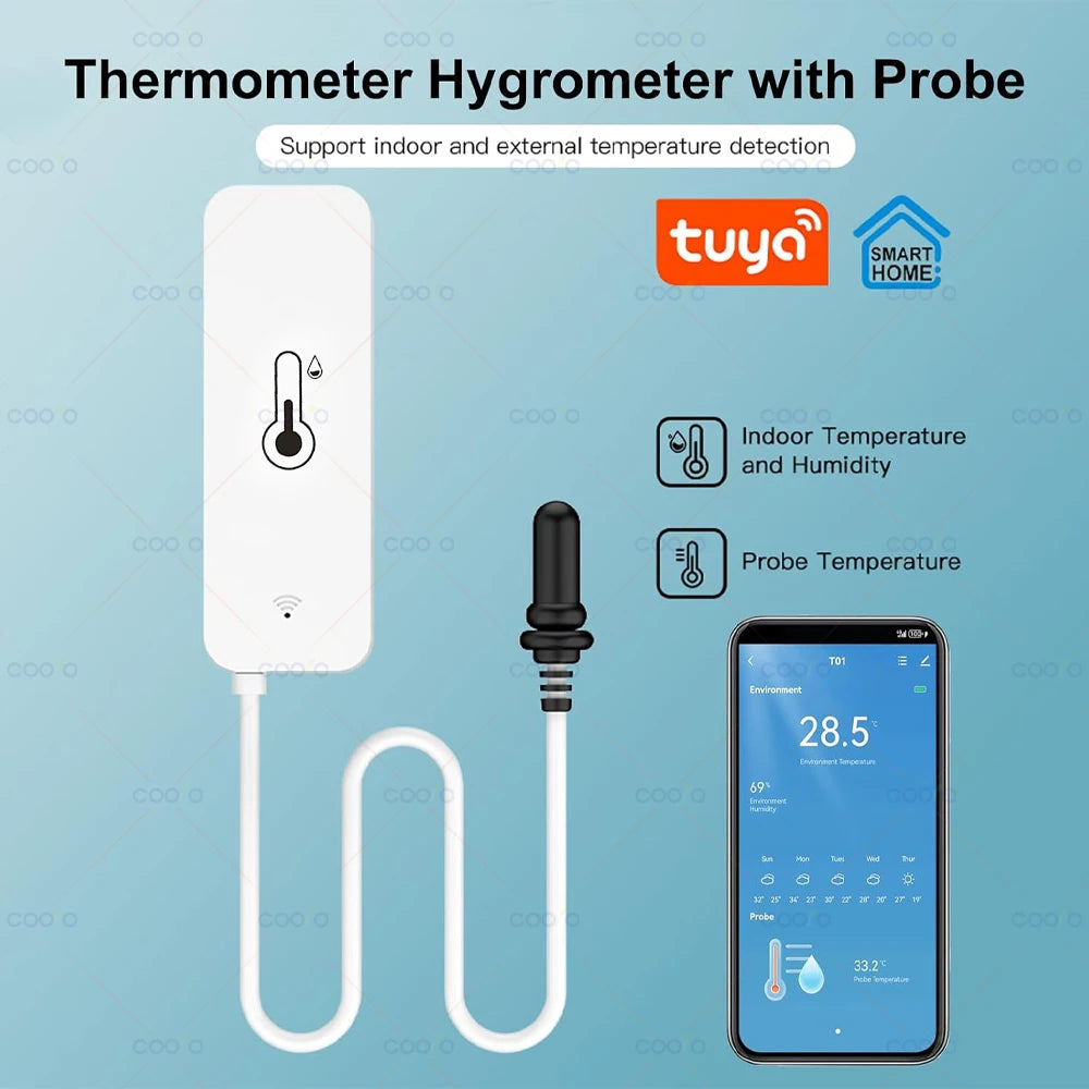 Tuya WiFi Temperature Humidity Sensor with External Probe Wireless Thermometer App Monitor for Freezer, Refrigerator, Fish Tank