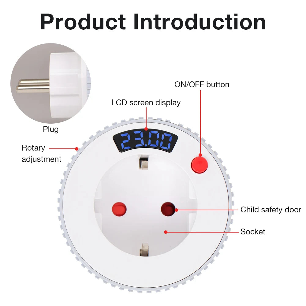 WiFi Smart Plug Countdown Timer Socket LCD Screen Display Timer Switch Rotating Adjust Countdown Outlet 15mins-24h 1min-23h59m