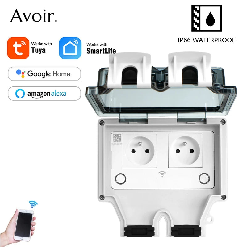 Avoir Tuya Power Socket IP66 Outdoor Wifi Smart Waterproof Socket Box Smart FR Wall Plug Socket With Timer Home Appliance 220V