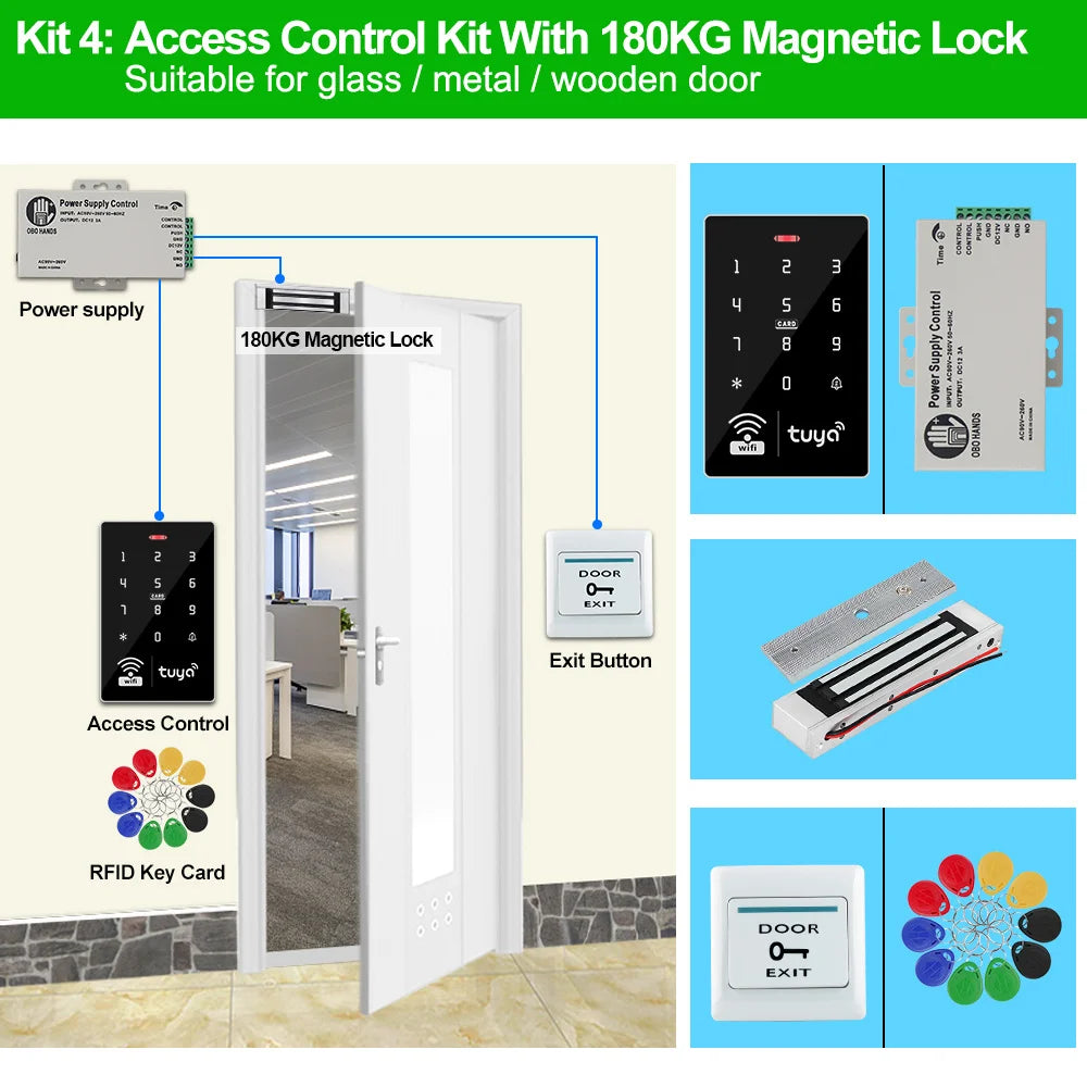 Wifi Tuya Door Access Control System Kit Set Waterproof RFID Keypad Controller APP Remote Unlock, Electric Magnetic Strike Locks
