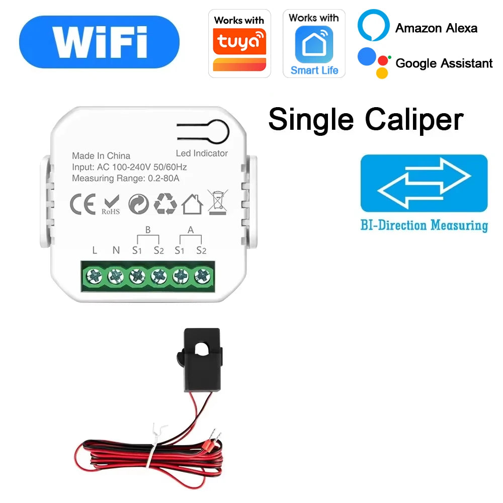 EARU Tuya Smart WiFi Energy Meter with 1/2 CT Clamps Solar PV System Power Production Consumption Bidirectional Monitoring Meter