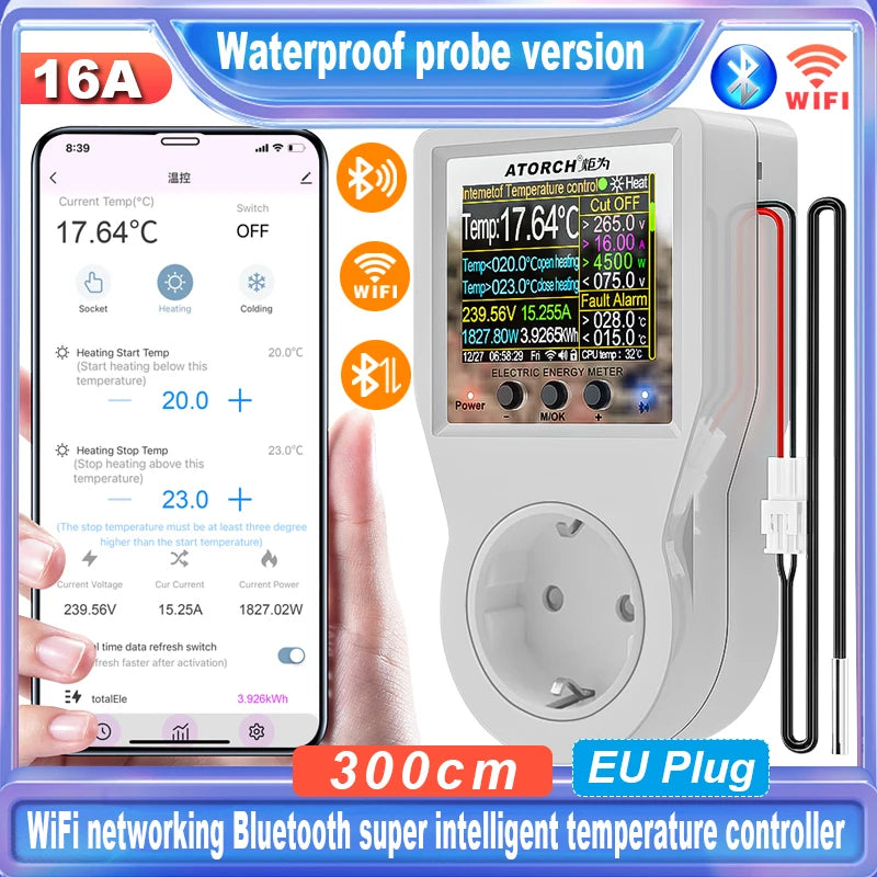 Tuya Wi-Fi Smart Thermostat Socket Outlet Plug Remote Temperature Controller Timer Switch Heating Cooling 3M NTC Sensor 16A