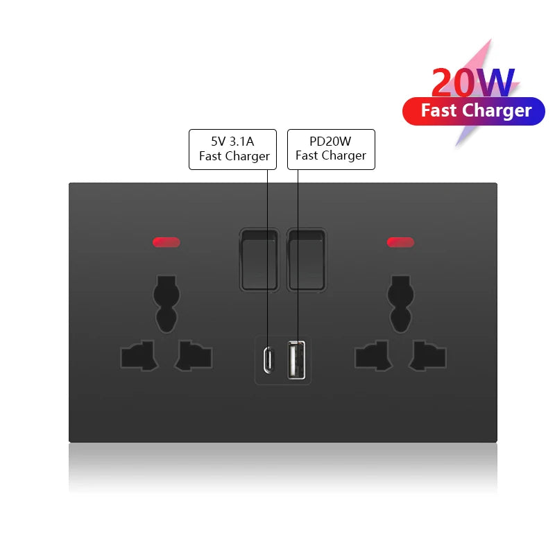 UK 13A with USB Type-c 20W Quick Charge Wall Power socket plug,Black Universal light switch PC Panel Dual USB Electrical outlet