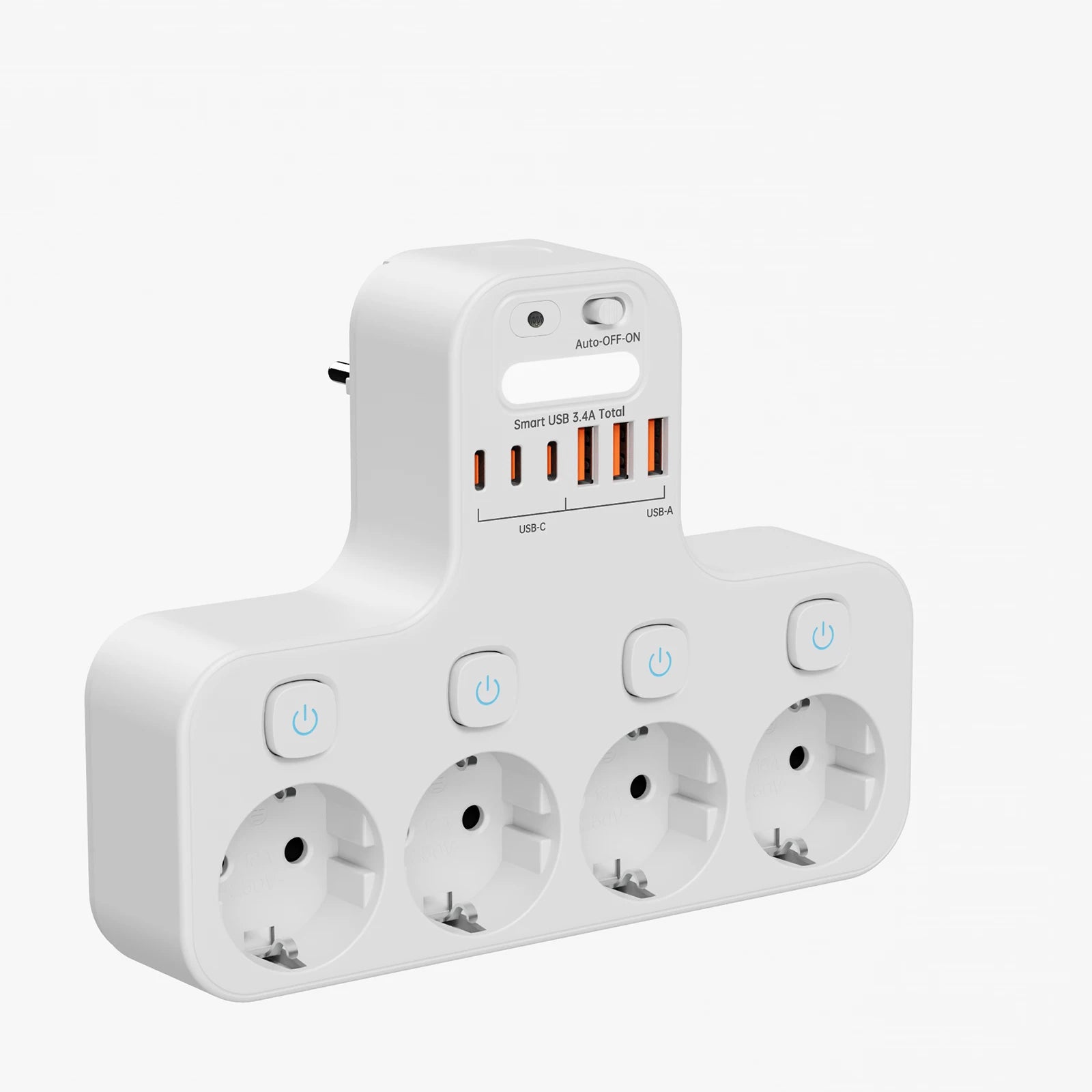 4000W EU Multifunction Socket Smart Night Light Individual Switch EU Plug 4 AC Power Strip with Phone Holder 2 USB-A 2 USB-C