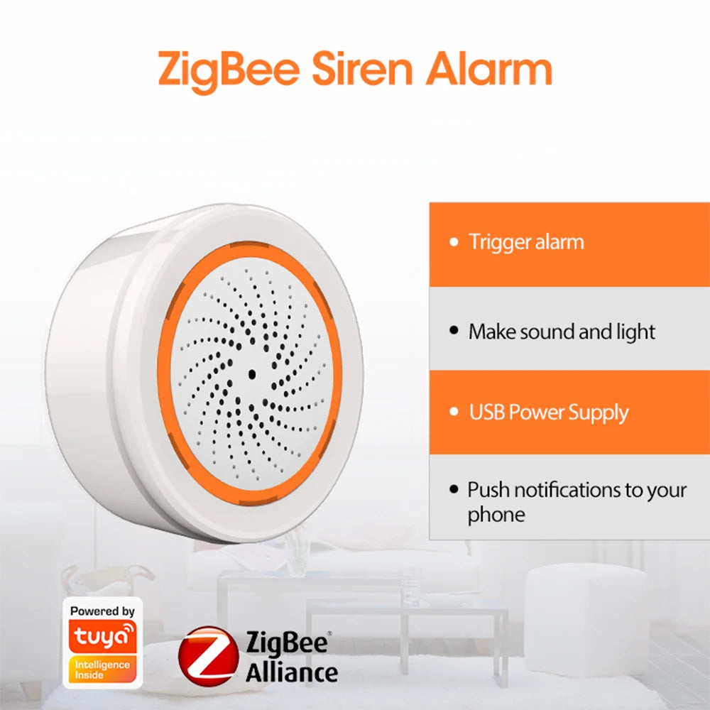 Coolcam Tuya Zigbee Smart Siren Alarm For Home Security with Strobe Alerts Support USB Cable Power UP Works With TUYA Smart Hub