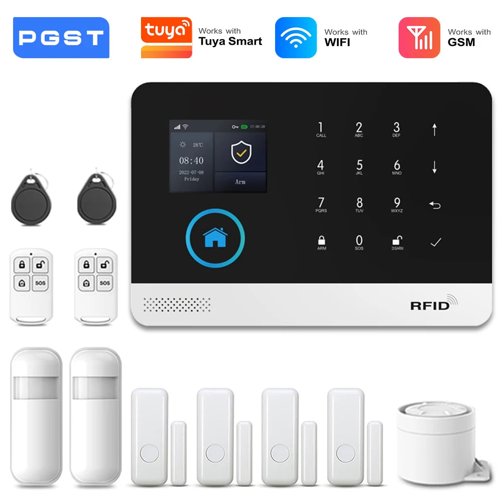 PGST 4G 2G WiFi GSM Wireless Alarm System Home Security Protection Alarm System Set PIR Sensor Works with Tuya Smart Life Alexa