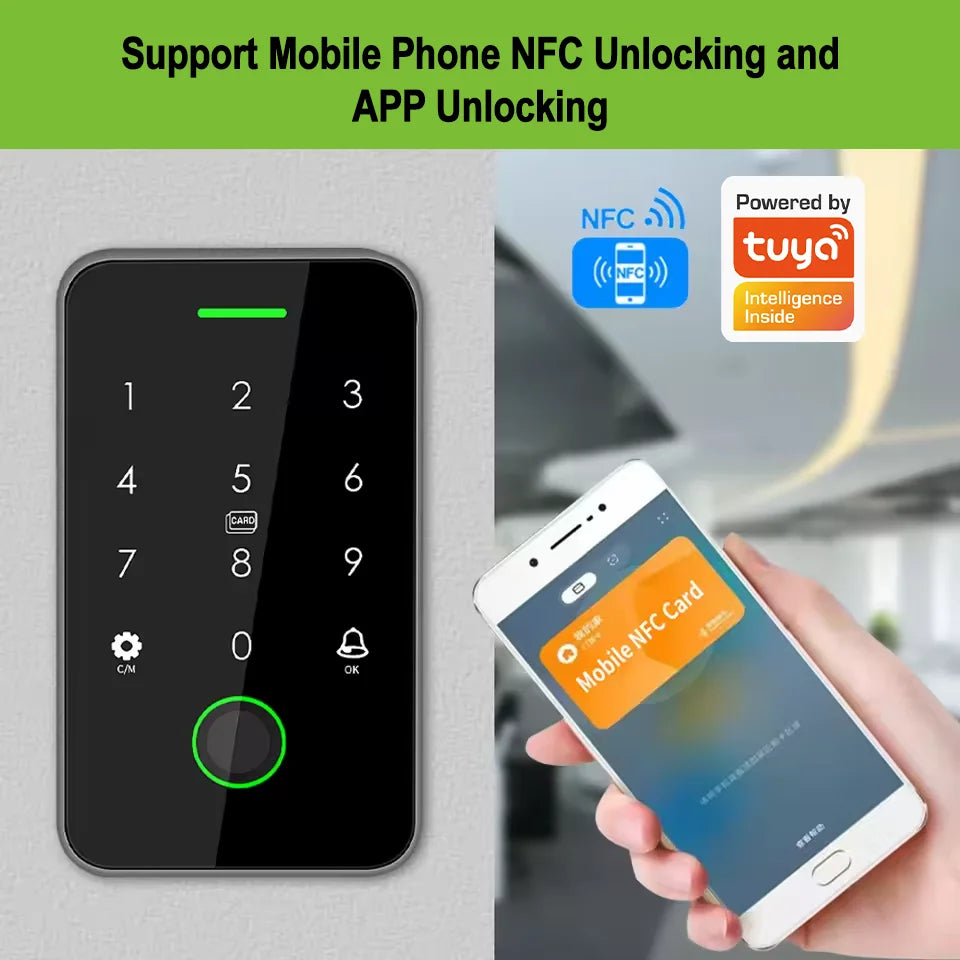 125Khz+13.56MHz Dual RFID NFC Work with Tuya Fingerprint Access Control Keypad IP67 Waterproof Biometrics Door Opener Gateway