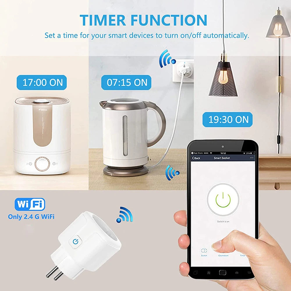 Tuya 16A,20A Smart Plug WiFi Socket EU Power Monitoring Timing Function Works with Alexa, Google Home, Smart Life Home, Alice