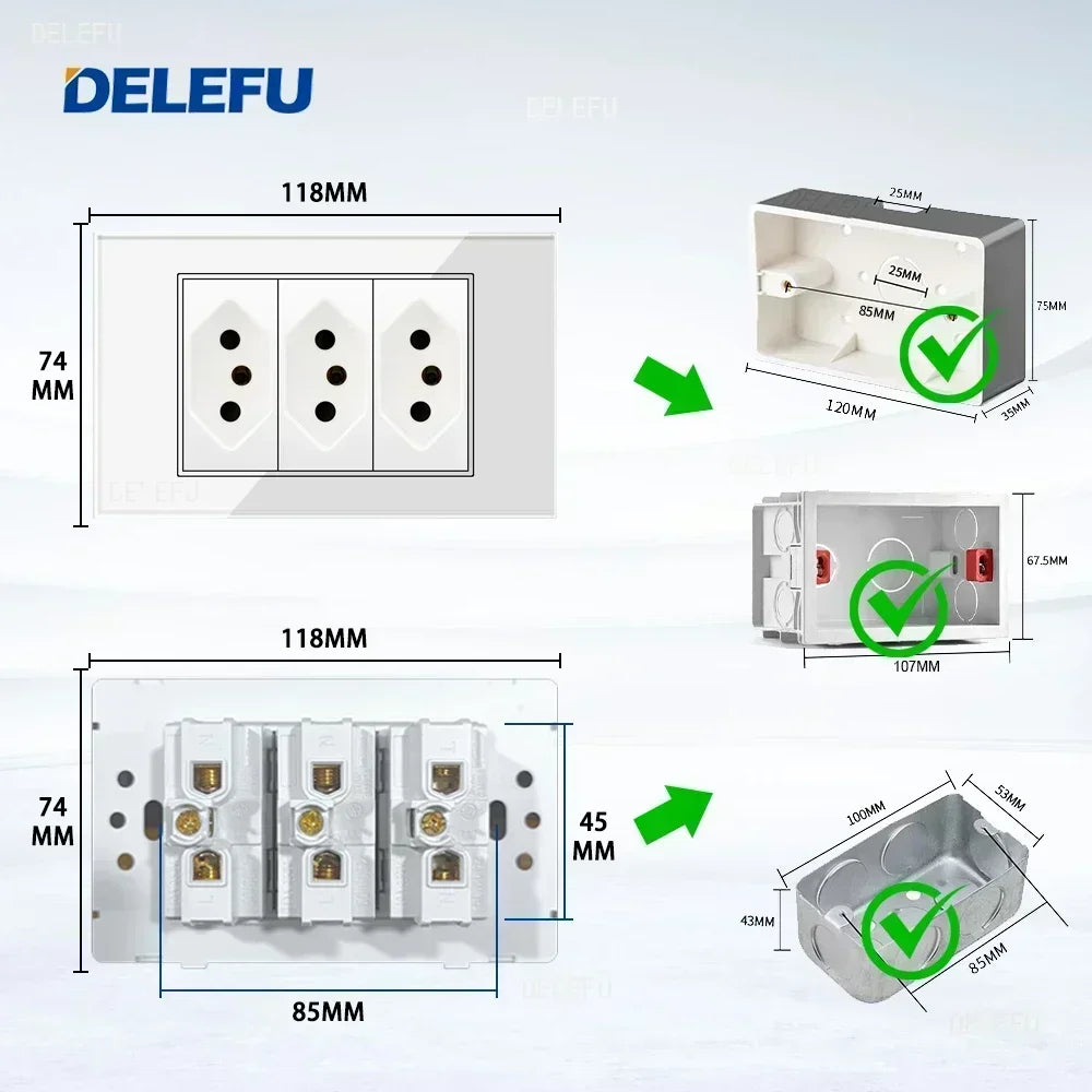 DELEFU 4*2 White Tempered Glass Brazil Standard Outlet with Double USB Type C Wall Power Socket  Switch Tuya Wifi 10A 20A
