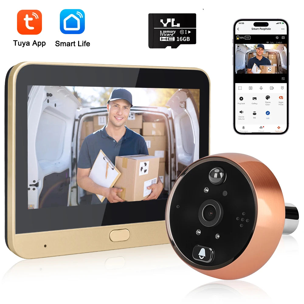 Extractme 4.3 Inch Wifi Smart Doorbell Camera Tuya 1080P Full HD Door Peephole Camera with PIR Detection Doorbell  Видеоглазок