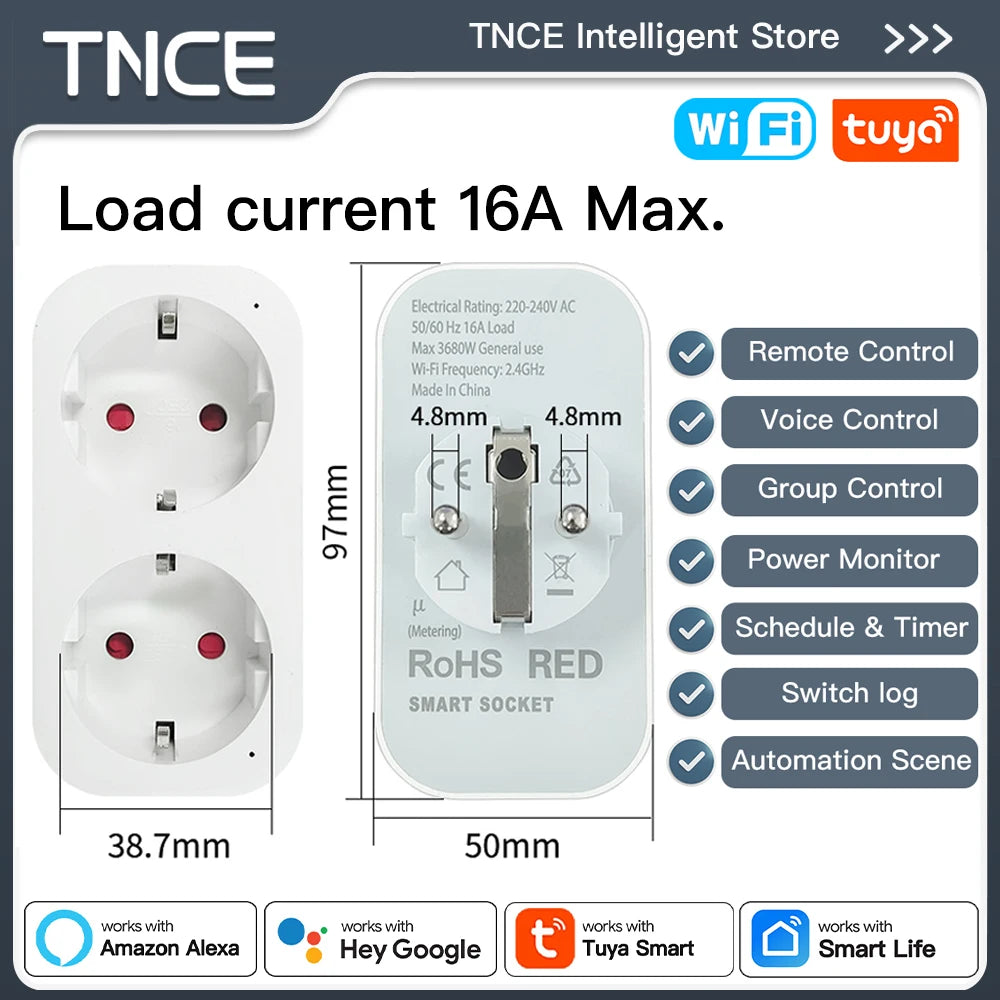 TNCE tuya 2 in 1 plug 16A eu, wifi Power Dual socket Monitor Smart life Remote Control Timer, Voice with Google Home Alexa Alice