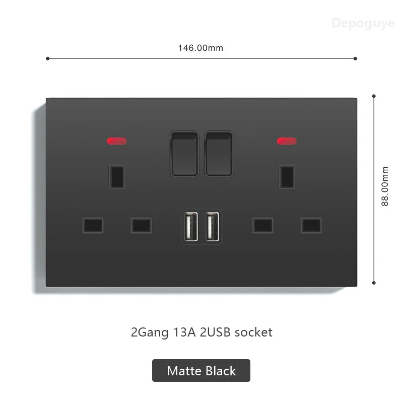 UK 13A with USB Type-c 20W Quick Charge Wall Power socket plug,Black Universal light switch PC Panel Dual USB Electrical outlet