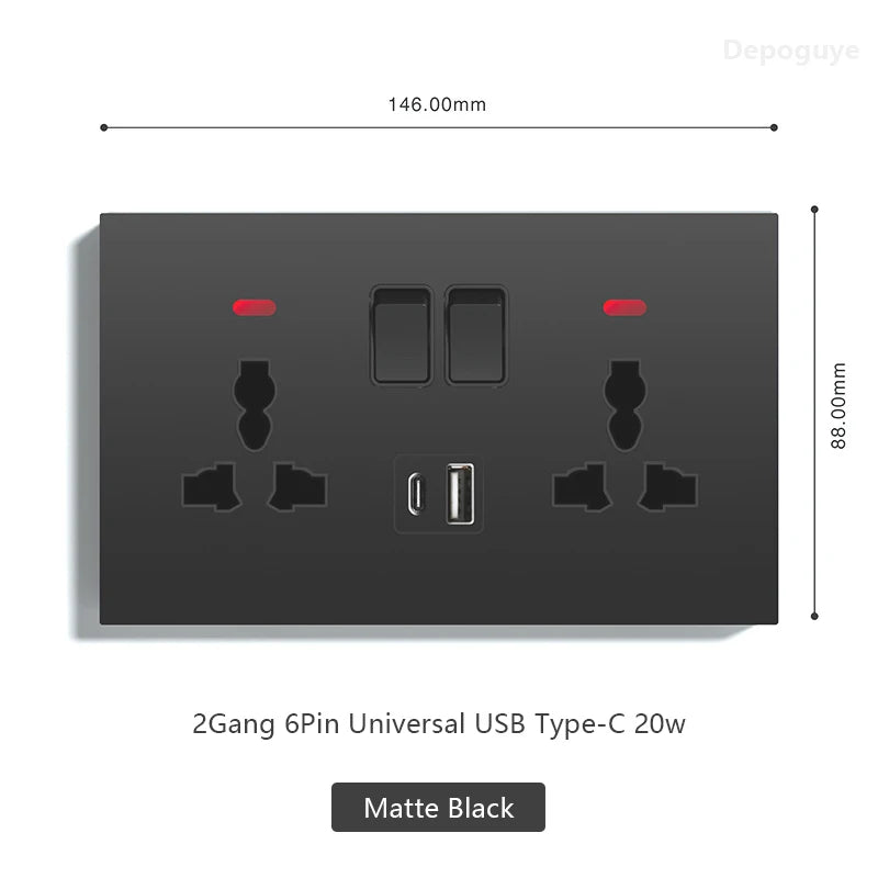 UK 13A with USB Type-c 20W Quick Charge Wall Power socket plug,Black Universal light switch PC Panel Dual USB Electrical outlet