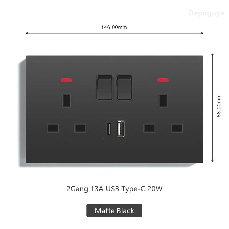 UK 13A with USB Type-c 20W Quick Charge Wall Power socket plug,Black Universal light switch PC Panel Dual USB Electrical outlet