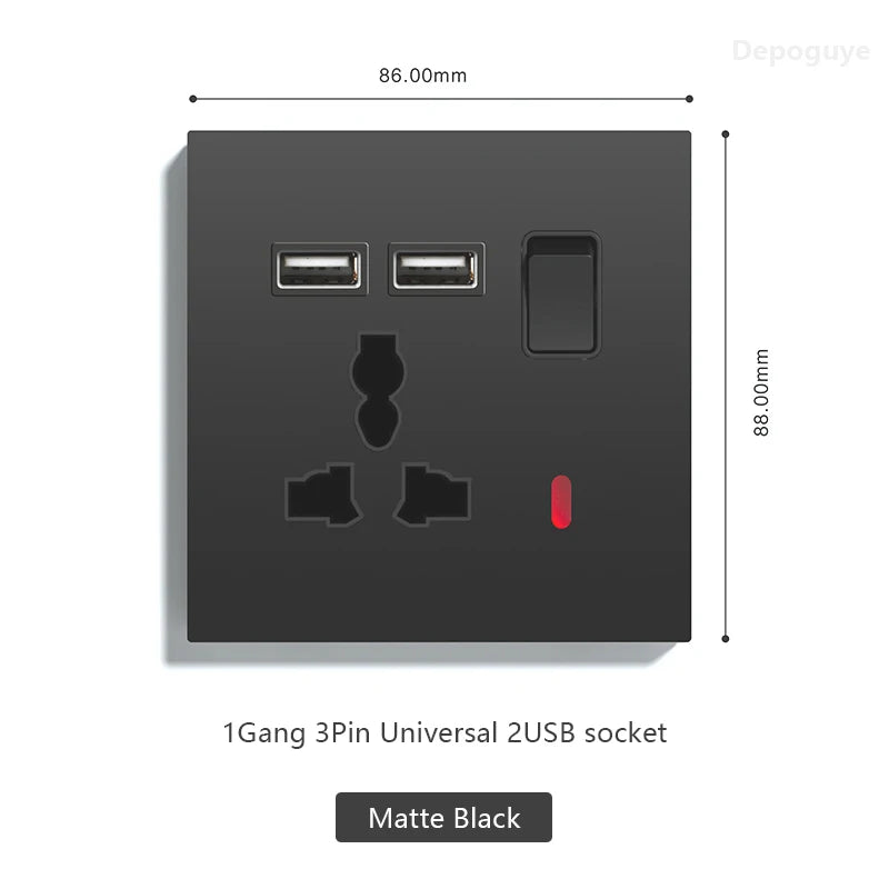 UK 13A with USB Type-c 20W Quick Charge Wall Power socket plug,Black Universal light switch PC Panel Dual USB Electrical outlet