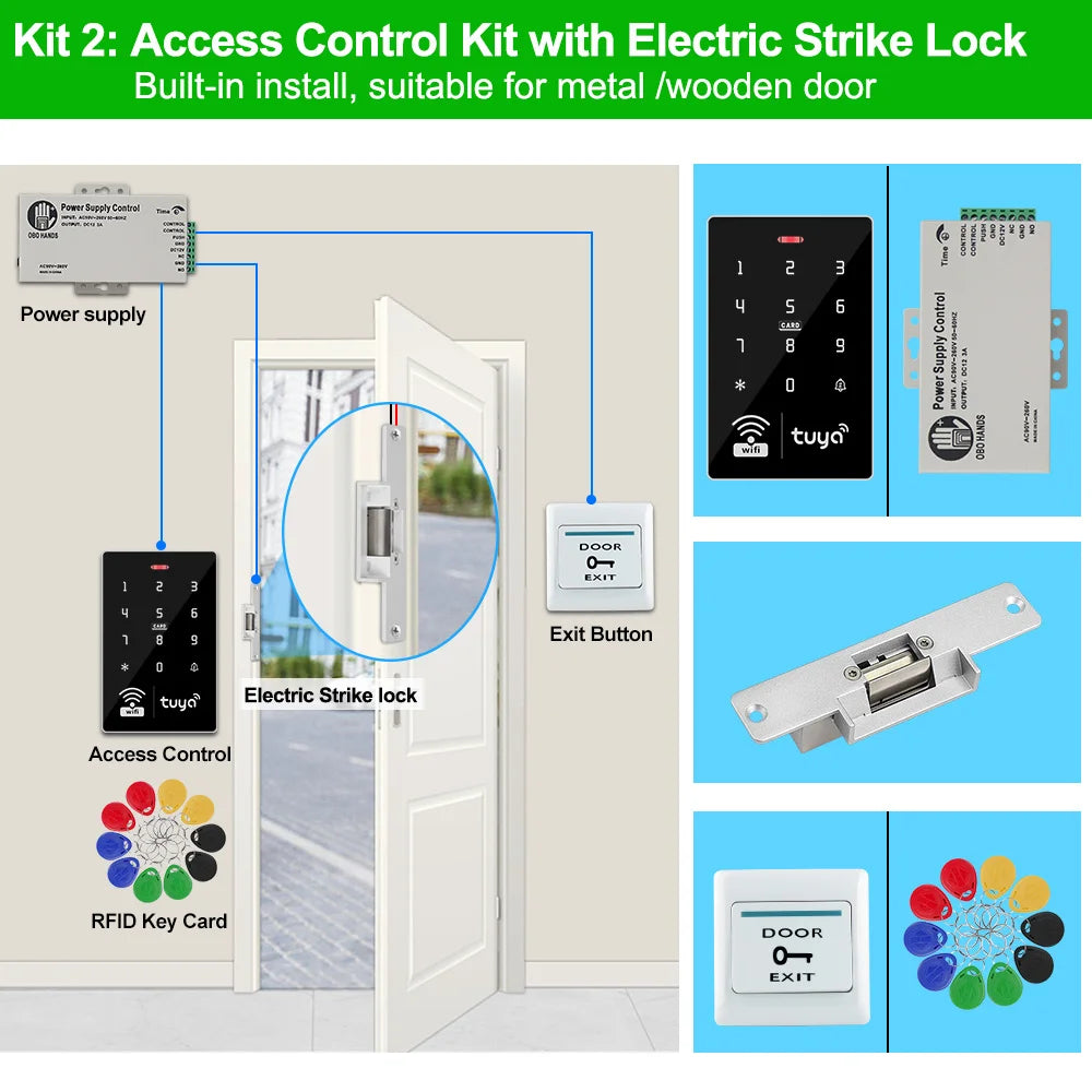 Wifi Tuya Door Access Control System Kit Set Waterproof RFID Keypad Controller APP Remote Unlock, Electric Magnetic Strike Locks