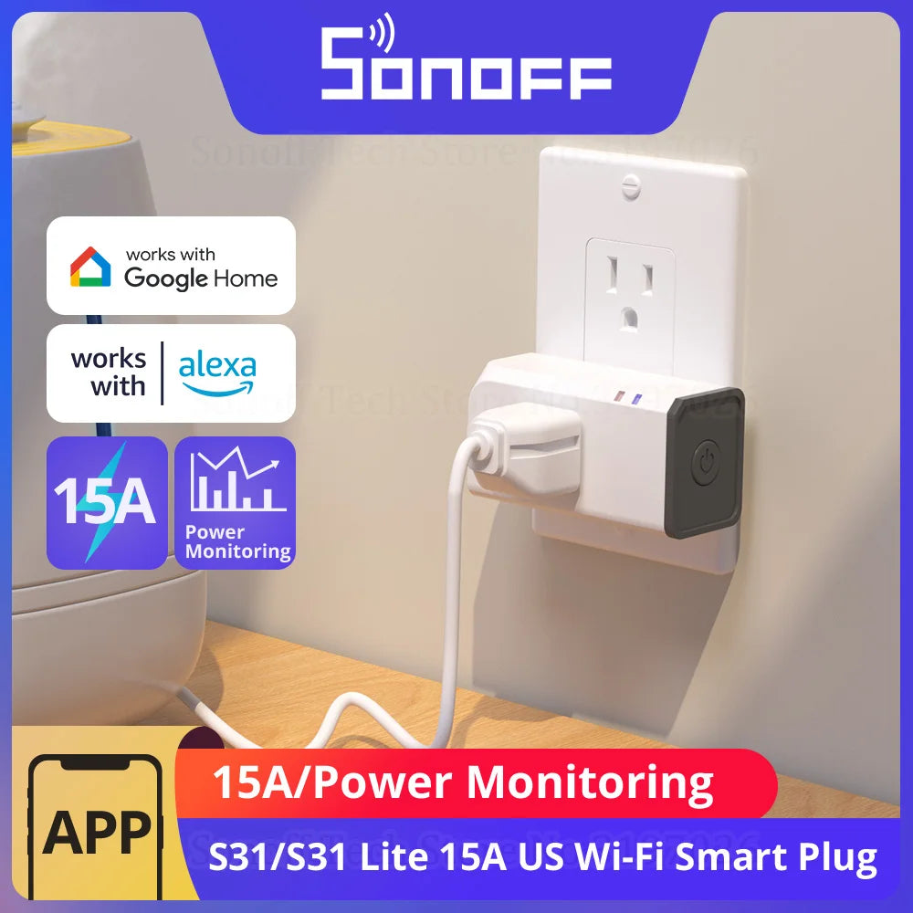 SONOFF S31/S31 Lite 15A US Wi-Fi Smart Plug Wireless Switch Overload Protection Remote Control via eWeLink Support Google Alexa