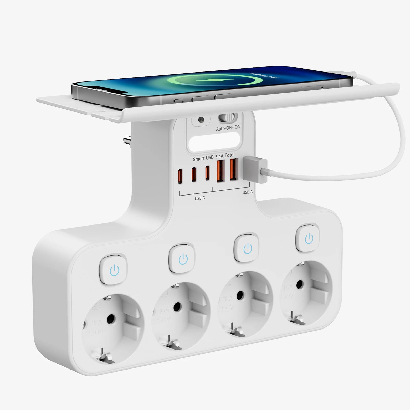 4000W EU Multifunction Socket Smart Night Light Individual Switch EU Plug 4 AC Power Strip with Phone Holder 2 USB-A 2 USB-C