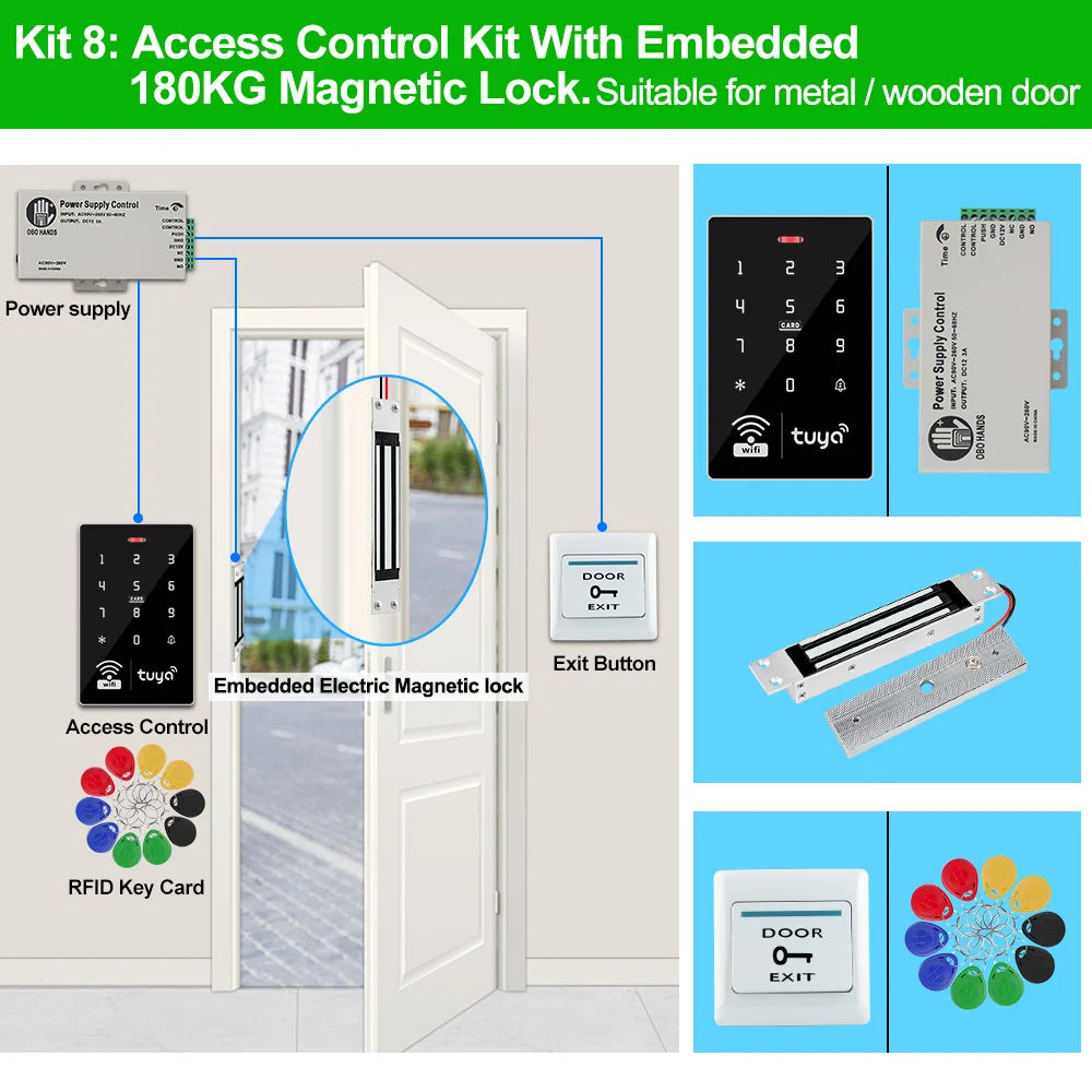 Wifi Tuya Door Access Control System Kit Set Waterproof RFID Keypad Controller APP Remote Unlock, Electric Magnetic Strike Locks