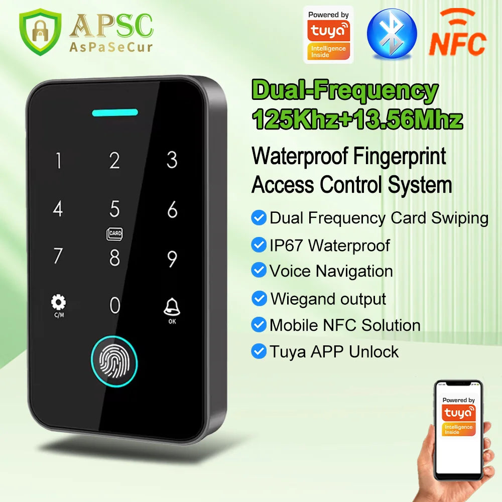 125Khz+13.56MHz Dual RFID NFC Work with Tuya Fingerprint Access Control Keypad IP67 Waterproof Biometrics Door Opener Gateway
