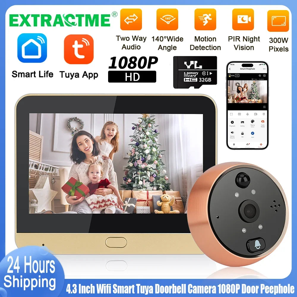 Extractme 4.3 Inch Wifi Smart Doorbell Camera Tuya 1080P Full HD Door Peephole Camera with PIR Detection Doorbell  Видеоглазок