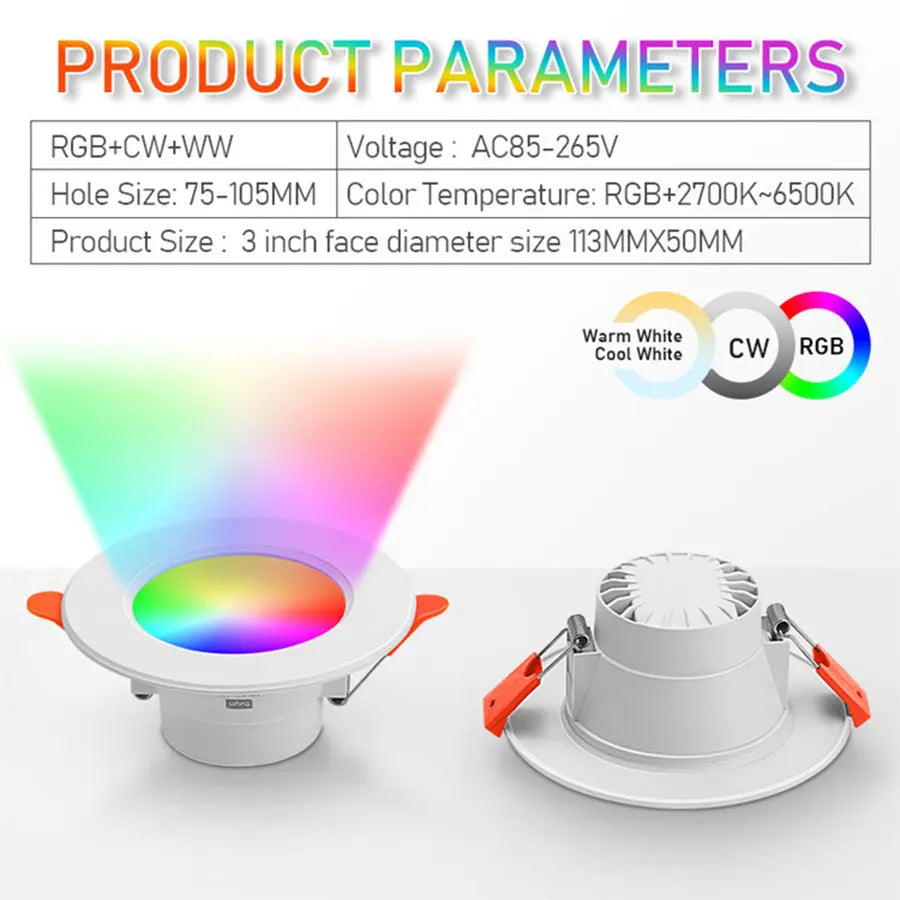 Tuya Smart LED Downlight Bluetooth Recessed Led Spot Lights 10/15W AC85-265V RGB+CW+WW APP Control Works With Smart Life