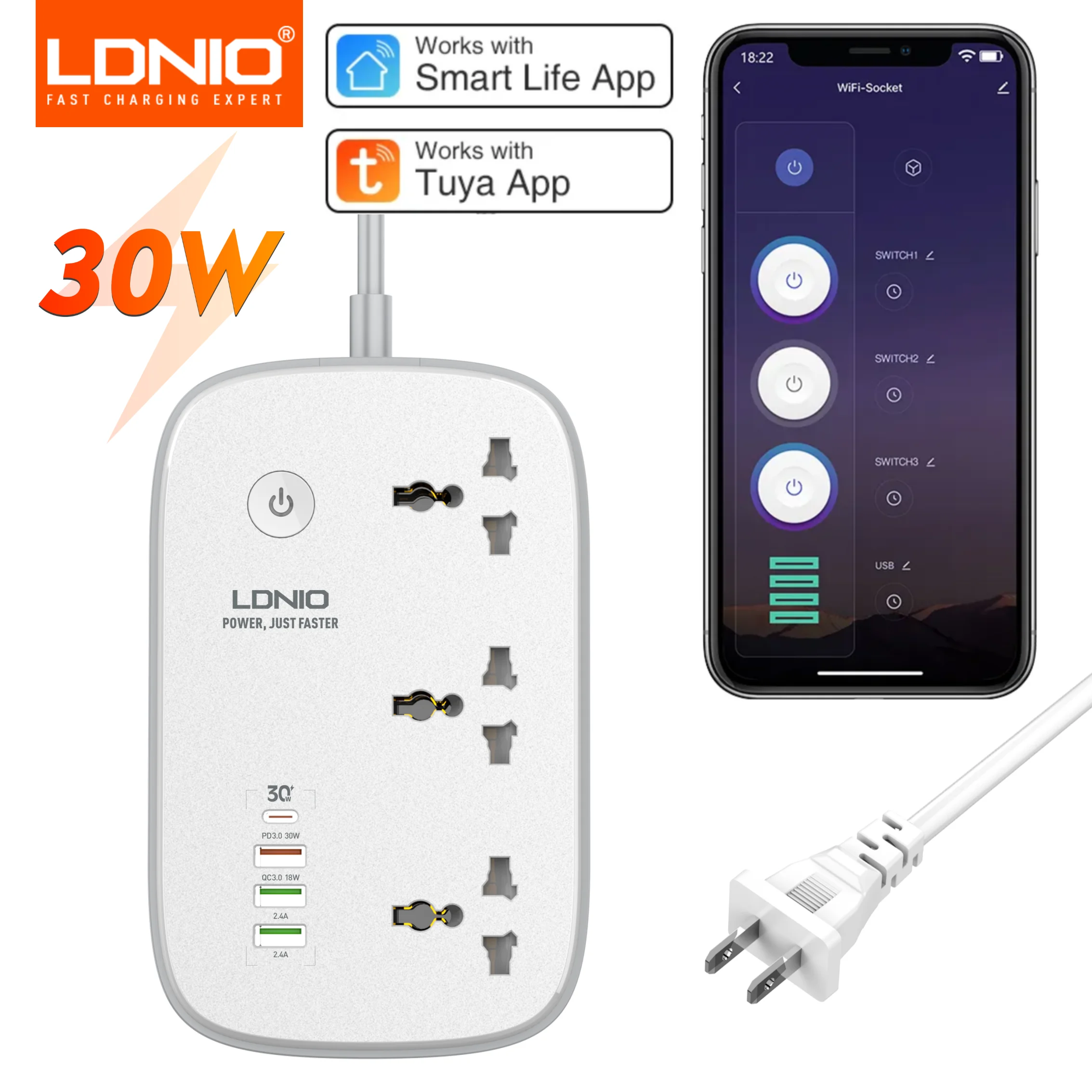 LDNIO Smart Power Strip Tuya Timing WIFI Socket EU US UK Plug Adapter with 3 USB PD Port Bluetooth Smart Life APP Remote Control