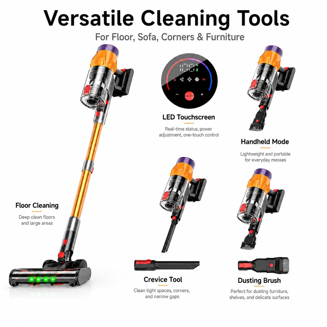 Cordless Vacuum Cleaner 50KPa 550W Stick Vacuum with Removable Battery, 45Min Runtime, LED Touchscreen for Pet Hair Carpet Floor
