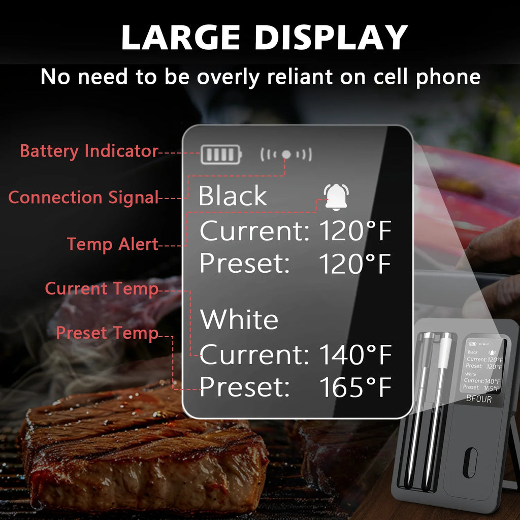 Wireless Bluetooth Meat Thermometer IP67 Waterproof Probes with LCD Screen Booster Rechargeable for Grilling Smoker BBQ Oven