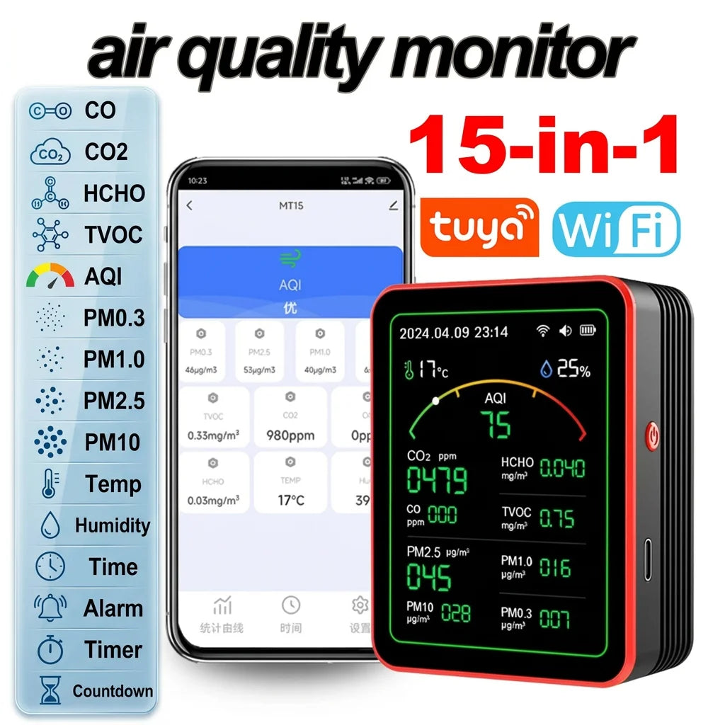 Home Air Quality Monitor Tuya WiFi App USB Rechargeable Gas Detector AQI PM2.5 PM10 PM0.3 TVOC HCHO CO CO2 Sensor Meter 15 in 1