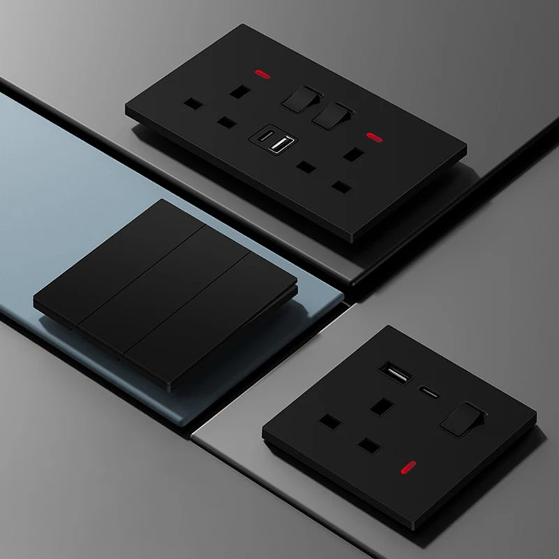 UK 13A with USB Type-c 20W Quick Charge Wall Power socket plug,Black Universal light switch PC Panel Dual USB Electrical outlet