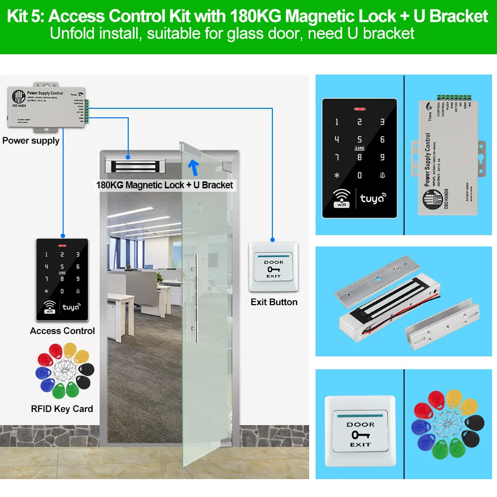 Wifi Tuya Door Access Control System Kit Set Waterproof RFID Keypad Controller APP Remote Unlock, Electric Magnetic Strike Locks