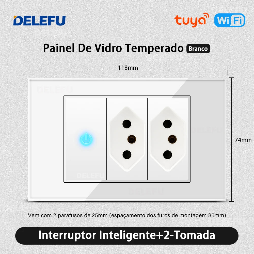 DELEFU 4*2 White Tempered Glass Brazil Standard Outlet with Double USB Type C Wall Power Socket  Switch Tuya Wifi 10A 20A